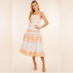 Sunday Up White Smocked Maxi with Pink and Orange Embroidery Large